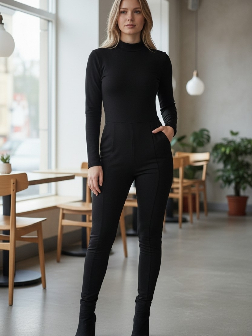 Everyday Black Fitted Long-Sleeve Jumpsuit